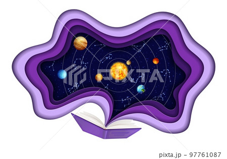 Space paper cut open book and zodiac constellations. Vector design in paper art style with open textbook with starry sky and 3d layered frame. Astrology, astronomy science, horoscope predictions Space paper cut open book and zodiac constellations. Vector design in paper art style with open textbook with starry sky and 3d layered frame. Astrology, astronomy science, horoscope predictions 97761087