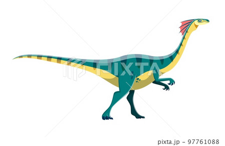 Cartoon Gallimimus dinosaur character. Ancient wildlife reptile, isolated prehistoric monster or animal. Mesozoic era dinosaur with neck frill, extinct carnivorous lizard vector cute personage Cartoon Gallimimus dinosaur character. Ancient wildlife reptile, isolated prehistoric monster or animal. Mesozoic era dinosaur with neck frill, extinct carnivorous lizard vector cute personage 97761088