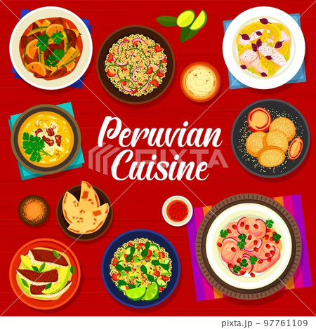Peruvian cuisine menu cover of vector seafood meal, vegetable fish ceviche and meat stew dishes with dessert. Corn chowder and beef lomo saltado, quinoa bean salad and sandwich cookie alfajor 97761109