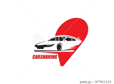 Carsharing service, car rent or taxi hire company icon. Renting automobiles, city transportation service app vector icon or sign with moving on speed coupe, navigation or route pin symbol Carsharing service, car rent or taxi hire company icon. Renting automobiles, city transportation service app vector icon or sign with moving on speed coupe, navigation or route pin symbol 97761124