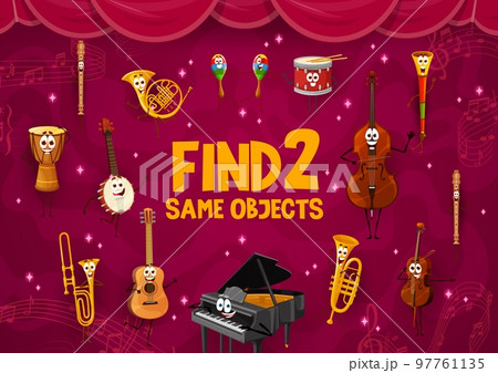 Find two same cartoon musical instrument characters. objects compare riddle, details search and spotting quiz vector worksheet with drum, cello, violin and trumpet, piano, flute, banjo cute personages Find two same cartoon musical instrument characters. objects compare riddle, details search and spotting quiz vector worksheet with drum, cello, violin and trumpet, piano, flute, banjo cute personages 97761135