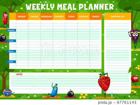 Weekly meal planner, vector timetable with cartoon berries on yoga and fitness at green field. Food diary template with barberry, black currant, honeyberry or strawberry, blueberry, grape and cherry Weekly meal planner, vector timetable with cartoon berries on yoga and fitness at green field. Food diary template with barberry, black currant, honeyberry or strawberry, blueberry, grape and cherry 97761143