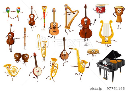 cartoon musical instrument characters and personages. Vector maracas, violin, guitar and vuvuzela, harp, double bass or grand piano. Castanets, tambourine, saxophone and banjo with trumpet or flute 97761146