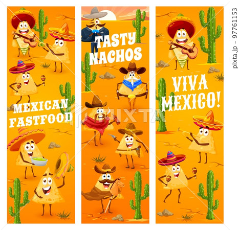 Mexican nachos chips, cowboy, robber and sheriff characters, vector banners. Viva Mexico, party fiesta with Mexican fast food nacho chips in sombrero with maracas or bandits with hat and revolver gun Mexican nachos chips, cowboy, robber and sheriff characters, vector banners. Viva Mexico, party fiesta with Mexican fast food nacho chips in sombrero with maracas or bandits with hat and revolver gun 97761153