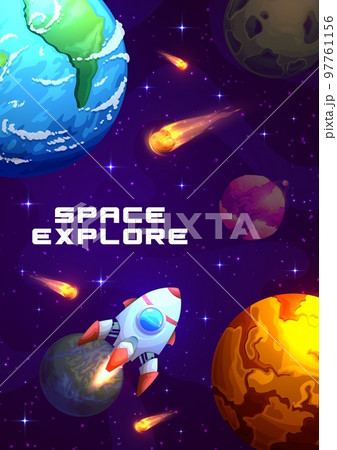 Cartoon galaxy space poster with starry landscape. Space exploration and galaxy travel vertical banner or background with solar system planets, comet or asteroids, starship flying in outerspace 97761156