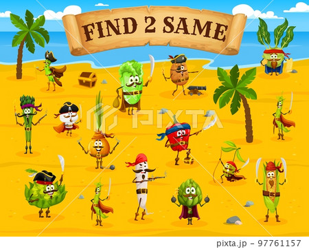 Find two same cartoon vegetable pirates and corsairs characters. Kids matching quiz, vector puzzle game with bean, mushroom, cabbage and onion, radish, pepper and olive, corn funny corsair personages 97761157