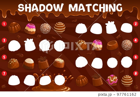 Shadow matching game. Chocolate praline and fudge, souffle and coconut, truffle and jelly, hazelnut candy or bonbon. Shadow match, silhouette find vector quiz vector worksheet with chocolate sweets 97761162