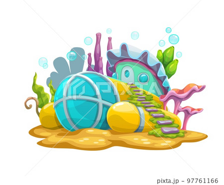 Underwater cartoon sunken bathyscaphe house building. Vector fantasy submarine dwelling, fairy tale architecture on ocean bottom with weeds. Sub boat with glass dome window, stairs and shell roof 97761166