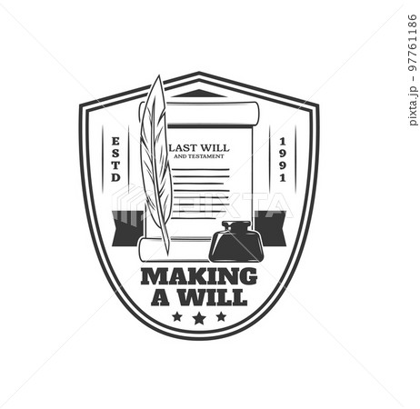 Notary will service icon, testament lawyer and legal attorney office vector emblem. Last will testament scroll sign for legislation consultant and notary certification and advocate 97761186