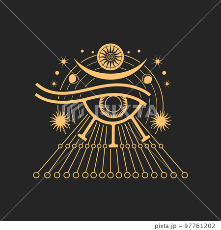Eye of Horus, ancient Egyptian symbol of protection, pentagram star and sun rays. Eye of Ra, vector occult and esoteric magic symbol isolated on black 97761202