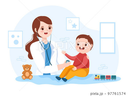 Pediatrician Examines Sick Kids and Baby for Medical Development, Vaccination and Treatment in Flat Cartoon Hand Drawn Templates Illustration 97761574