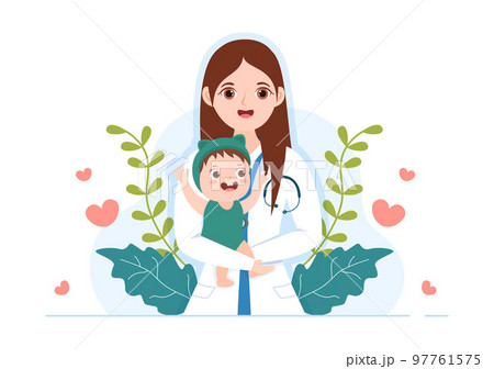 Pediatrician Examines Sick Kids and Baby for Medical Development, Vaccination and Treatment in Flat Cartoon Hand Drawn Templates Illustration 97761575