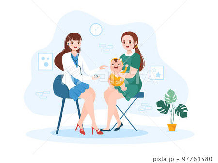 Pediatrician Examines Sick Kids and Baby for Medical Development, Vaccination and Treatment in Flat Cartoon Hand Drawn Templates Illustration 97761580