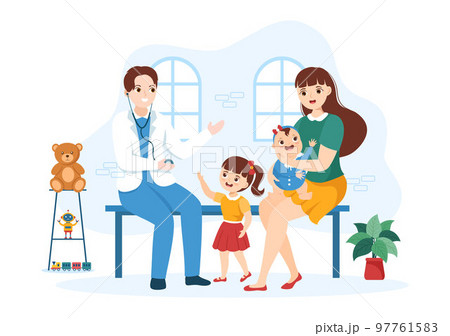 Pediatrician Examines Sick Kids and Baby for Medical Development, Vaccination and Treatment in Flat Cartoon Hand Drawn Templates Illustration 97761583