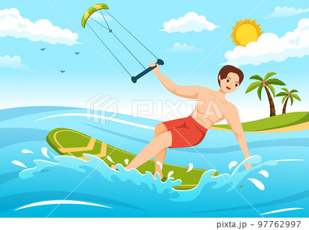 Kitesurfing Illustration with Kite Surfer Standing on Kiteboard in the Summer Sea in Extreme Water Sports Flat Cartoon Hand Drawn Template 97762997