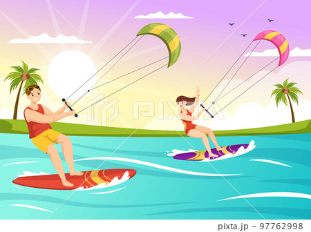 Kitesurfing Illustration with Kite Surfer Standing on Kiteboard in the Summer Sea in Extreme Water Sports Flat Cartoon Hand Drawn Template 97762998