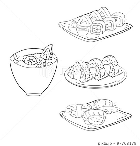 Set of sushi and onigiri on plates, line art. vector illustration on a white background Set of sushi and onigiri on plates, line art. vector illustration on a white background 97763179