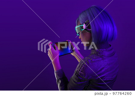 Digital avatar playing game in metaverse virtual world, 3d render Digital avatar playing game in metaverse virtual world, 3d render 97764260