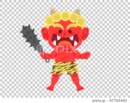 Illustration of a red demon character holding a metal club Illustration of a red demon character holding a metal club 97764460