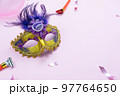 Table top view aerial image of beautiful colorful carnival festival background.Flat lay accessory object the several mask  decor confetti on modern pink paper at home office desk studio.copy space.. 97764650