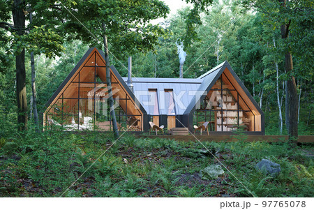 family house exterior in forest 97765078