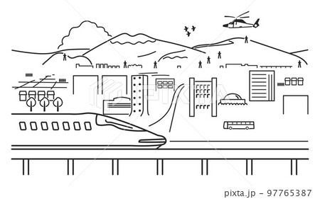 地方都市の長距離電車の止まる駅　モノクロ　イラスト素材 97765387