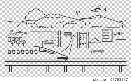 地方都市の長距離電車の止まる駅　モノクロ　イラスト素材 97765387