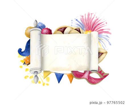 Happy Purim scroll frame with space for text, symbols, megilat Esther, mask, fireworks, cookies, sparklers, crackers Happy Purim scroll frame with space for text, symbols, megilat Esther, mask, fireworks, cookies, sparklers, crackers 97765502