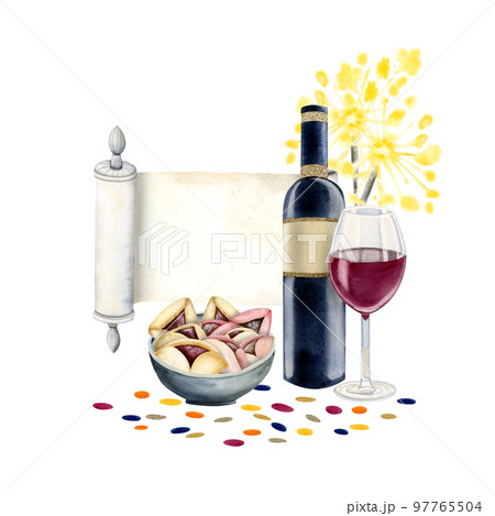 Purim symbols greeting template with Jewish cookies, megilat Esther scroll, sparklers, wine isolated on white background Purim symbols greeting template with Jewish cookies, megilat Esther scroll, sparklers, wine isolated on white background 97765504
