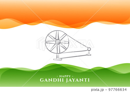 gandhi jayanti template with charkha design on wavy indain flag 97766634