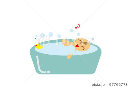 ベビーバスで沐浴を楽しんでいるかわいい赤ちゃんのイラスト・新生児・育児・子育て 97766773