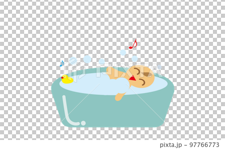 ベビーバスで沐浴を楽しんでいるかわいい赤ちゃんのイラスト・新生児・育児・子育て 97766773