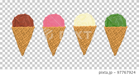 手描きのアイスクリームイラスト チョコ・苺・バニラ・抹茶 97767924