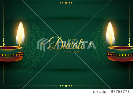 hindu festival banner with realistic lamp or diya in green background 97768778