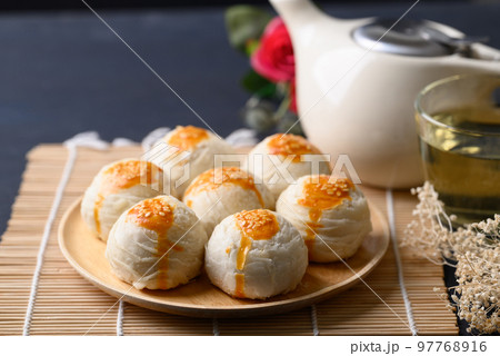 Chinese pastry moon cake, Traditional dessert celebrating in Chinese festival mid autumn or new year Chinese pastry moon cake, Traditional dessert celebrating in Chinese festival mid autumn or new year 97768916