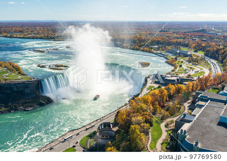 Overlooking the Niagara Falls Horseshoe Falls in a sunny day in autumn foliage season. Niagara Falls City, Ontario, Canada. Overlooking the Niagara Falls Horseshoe Falls in a sunny day in autumn foliage season. Niagara Falls City, Ontario, Canada. 97769580