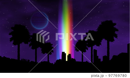 Waporwave retro sunset with palms on the beach. Neon landscape futuristic galaxy background. 97769780