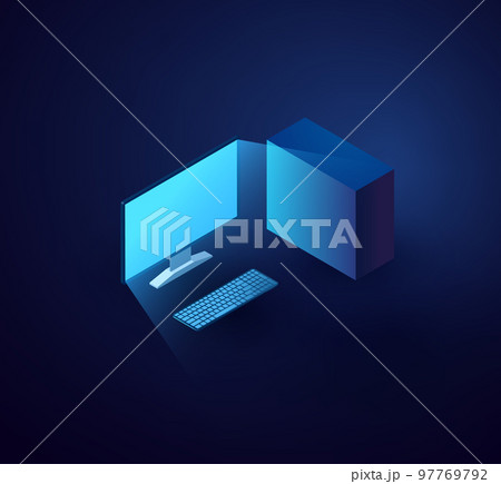 Computer isometric cloud network. Blue 3d cloud technology. 97769792
