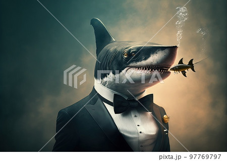 great white shark wearing tuxedo smoking a fish as a cigar illustration generative ai great white shark wearing tuxedo smoking a fish as a cigar illustration generative ai 97769797