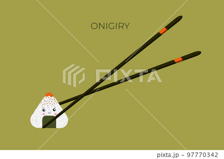 Vector illustration of Onigiri in the style of kawaii. Japanese fast food made of rice with a filling formed in the form of a triangle of nori seaweed Vector illustration of Onigiri in the style of kawaii. Japanese fast food made of rice with a filling formed in the form of a triangle of nori seaweed 97770342