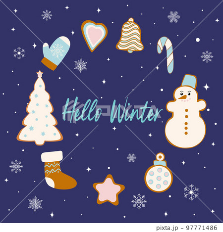 Hello winter. Circle of gingerbread cookies. Vector illustration isolated on blue background 97771486