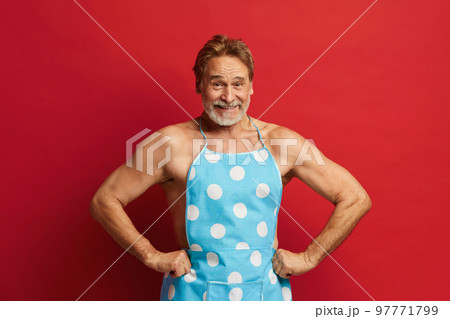 Smiling Man Posing Studio. Bearded Grandfather In Apron On Naked Torso 97771799