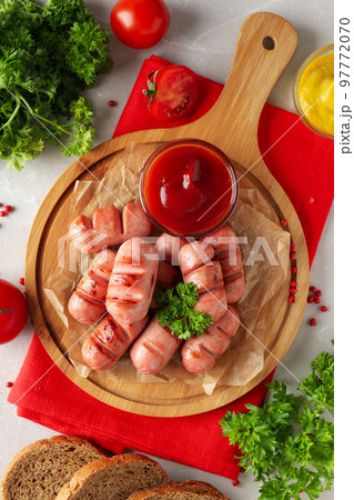 Concept of tasty food, grilled mini sausage, top view Concept of tasty food, grilled mini sausage, top view 97772070