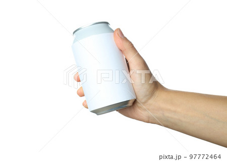 Female hand holds blank can, isolated on white background 97772464