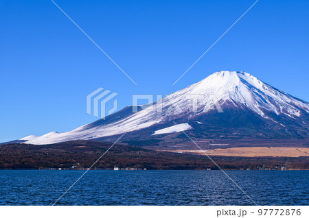 冬の山中湖畔より望む富士山の絶景 冬の山中湖畔より望む富士山の絶景 97772876