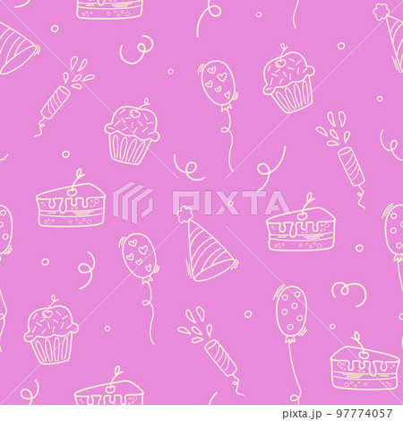 Birthday seamless pattern. Party decorative items. Birthday cream cakes, gift boxes, garlands. Hand drawn background for a party, holiday for children, festival. Vector cartoon illustration. 97774057
