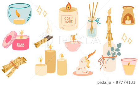 Candles and incense. Set for aromatherapy relaxation and home comfort. Candles, palo santo, scented candlesticks and candlesticks. Vector cartoon illustrations isolated on a white background. Candles and incense. Set for aromatherapy relaxation and home comfort. Candles, palo santo, scented candlesticks and candlesticks. Vector cartoon illustrations isolated on a white background. 97774133