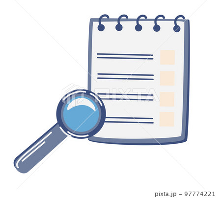 Contract documents. Documents with paper sheets and a magnifying glass, signatures and sticky notes. Employment business and finance. Hiring. Vector cartoon illustration isolate on a white background 97774221