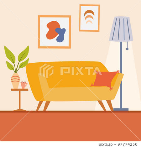 Living room interior. Cozy sofa, lamp, indoor plants, bedside, table and paintings. Modern interior design of the living room. Flat vector illustrations isolated on white background 97774250