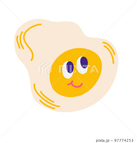 Scrambled eggs with eyes. Happy Floating Egg. Decoration for postcards, patches, prints for clothes, badges, posters. Vector cartoon illustration isolated on the white background. 97774253